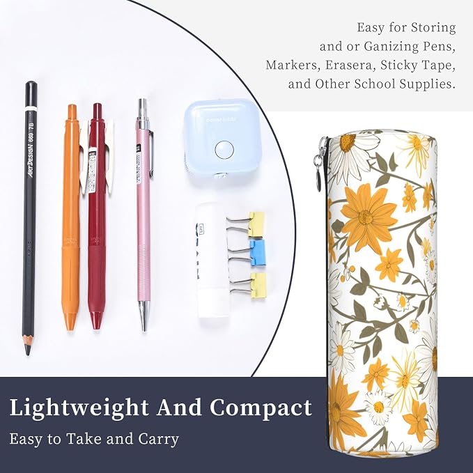 OSAM SPACE Leather Pencil Case Round Pencil Bag Daisy Floral Pen Organizer Holder Portable Zipper Pouch Cute School Supplies for Girls Boys Study Office