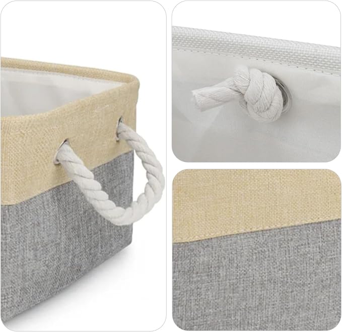 Pet Toy Storage Box Dog Toy Organizer Basket Personalized Large Capacity Collapsible Bin Two-Tone Linen Chest with Sturdy Handles for Living Room Pet Supplies Organizing (Beige Gray L)