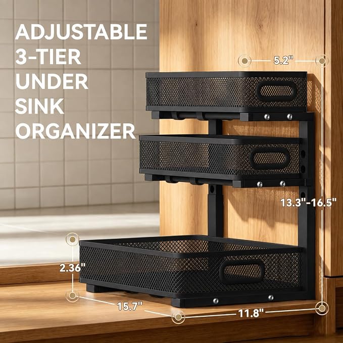 1 Pack 3 Tier Under Sink Organizer with Pull Out Drawer, Height Adjustable Heavy Duty Metal Under Cabinet Organizer, Smooth Sliding Storage Shelf for Kitchen, Bathroom Cabinet Organization, Black