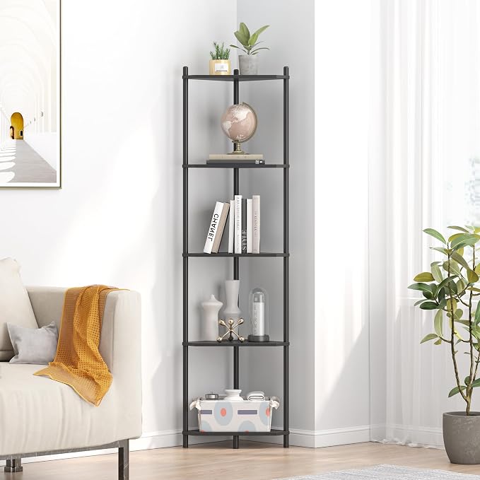 Wisuce Black Tall Corner Shelf Stand, 5-Tier Bamboo Corner Bookshelf | Space-Saving Narrow Corner Shelf | Bathroom Corner Shelf | Shelves for Bedroom, Living Room, Kitchen & Plant Display
