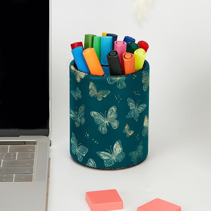 Faux Leather Pen Holder for Desk, Pencil Organizer Flying Butterflies Pen Cup Desk Decor Makeup Brush Holder Storage for Office Home