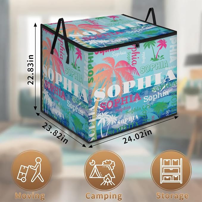 Personalized Name Foldable Storage Basket Cubes with Lid, Laundry Hamper Dirty Clothes Storage Bin with Handles for Shelf Home Closet Kitchen, Painted Blue Butterflies with Pink Green Tropical Trees