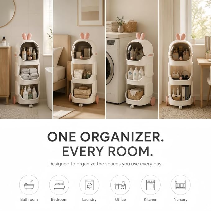 Rolling Bathroom Organizer with Lockable Wheels, 3-Tier Storage Shelf with Dustproof Top Bin, Mobile Organizer Cart for Skincare, Cosmetics, Toiletries, Laundry Room, Bedroom & Bathroom
