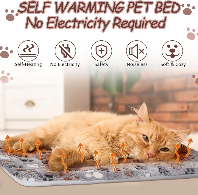 2 Pack Self Warming Cat Mat Self Heating Pad Bed Reversible Machine Washable Reflects Body Heat Warm Thermal Pet Pad Crate Blanket for Feral and Indoor Cat(Black,22'' X 18'',Dog Paw)