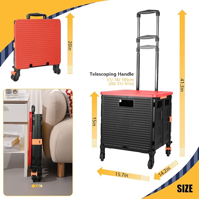 Foldable Utility Cart Rolling Crate Handcart 110lbs Large Capacity Shopping Cart with 360°Rotate Noiseless Wheels & Telescoping Handle for Transports Groceries Office School Use（Red）