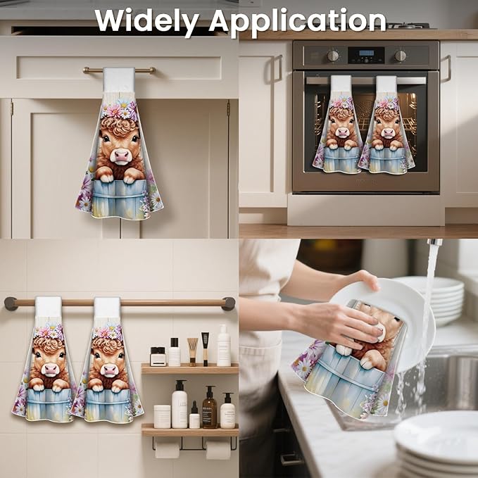 CUTHOLLOW Highland Cattle and Daisy Hanging Kitchen Towels with Loop, Set of 2-Soft & Super Absorbent Microfiber Decorative Hanging Dish & Hand Towel, Tea Coffee Towel for Kitchen Bathroom Oven Handle