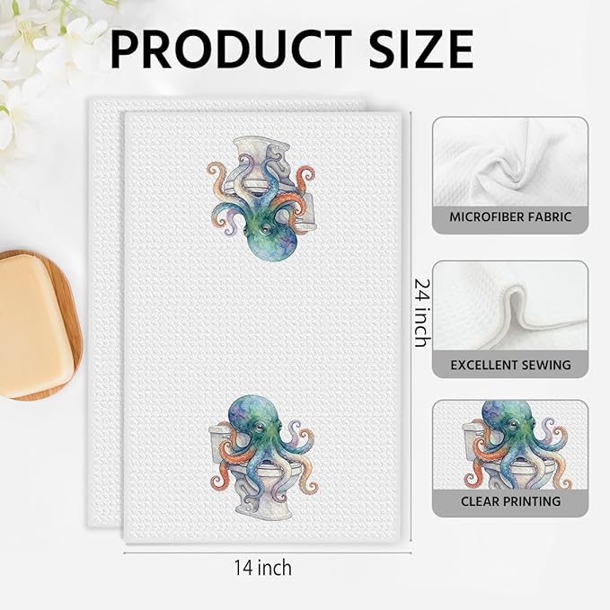 2PCS Vintage Octopus Bathroom Towels 24x14 Inch, Octopus on The Toilet Reusable Durable Microfiber Dish Cloth Hand Towel, Waffle Weave Tea Towels for Bathroom Home Decor, Ocean Gifts for Women Friend
