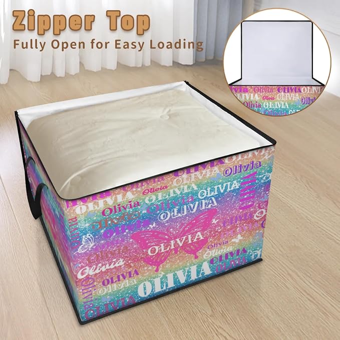 Personalized Name Large Storage Basket with Lid, Bling Bling Colorful Glittering with Butterfly Storage Bins Quilt Clothes Organizer for Bedroom, Kitchen, Bathroom, Nursery, Shelves, Closets