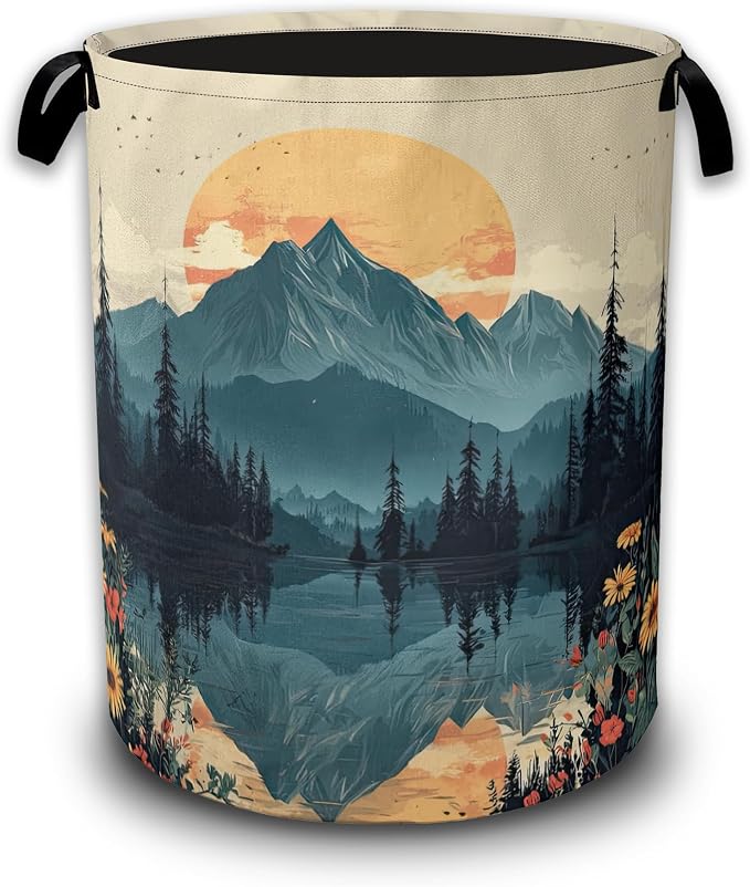 Mountain Sunset Lake Landscape Laundry Basket, Collapsible Waterproof Oxford Laundry Hamper with Handles, Clothes Storage Bin Toy Organizer for Bathroom/Bedroom/Dorm 16 x 20.8 Inch