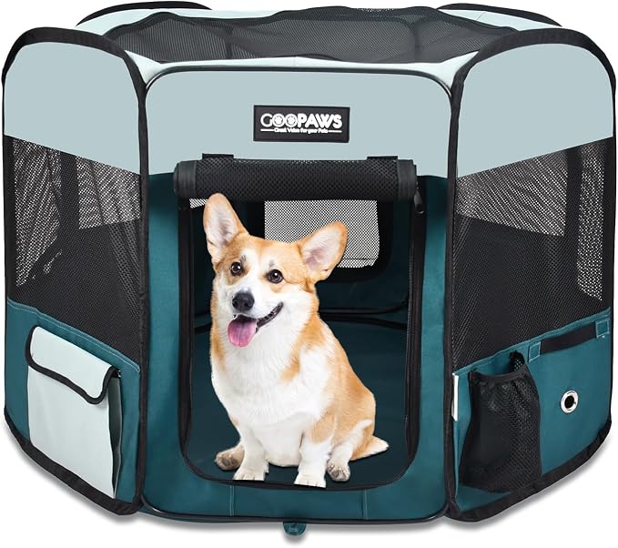 Jespet Soft Dog Playpen, Portable Pet Exercise Pen Kennel with Carry Bag | 2-Door, Easy to Fold, Ground Stakes, Zipper Locks, Large Storage Pocket, Washable Top Mesh Cover & Bottom Cover