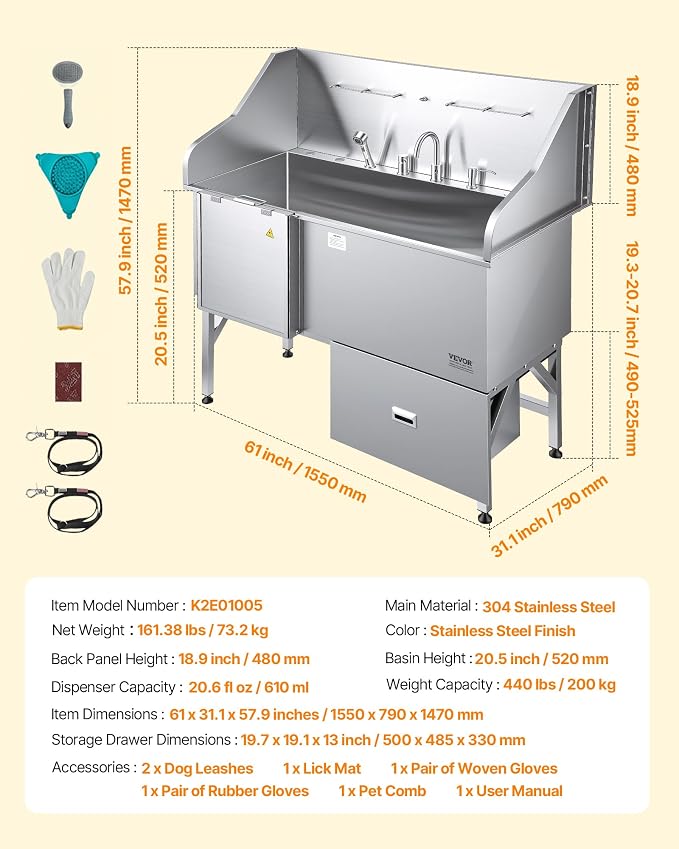 VEVOR Professional 304 Stainless Steel Dog Bathing Station, 61 inch Pet Grooming Tub w/Anti-Slip ramp, Storage Drawer, Cold Hot Faucet Showerhead, for Large & Medium & Small (Left Door, with Drawer)