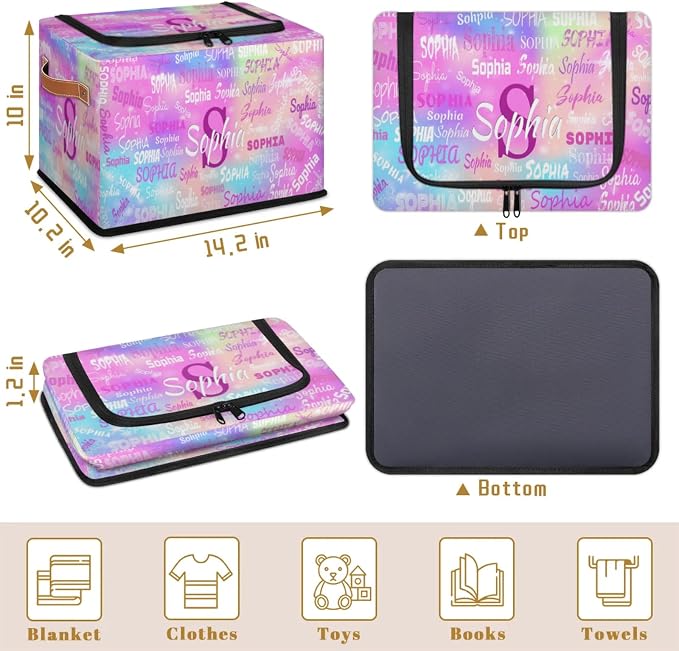 Custom Name Storage Bin with Lid Zipper, Personalized Storage Basket with Handles for Organizing Boys Girls Toys Office Closet Shelf Baskets, Watercolor Colorful Pink Blue Galaxy Background