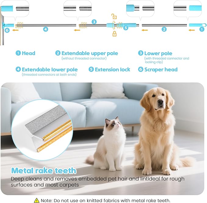 3-in-1 Pet Hair Removal Tool Kit Dog Hair Remover and Carpet Rake Includes Handheld Pet Hair Removal Tool and Grooming Glove Removes Embedded Fur from Carpets Rugs Furniture and Pet Beds
