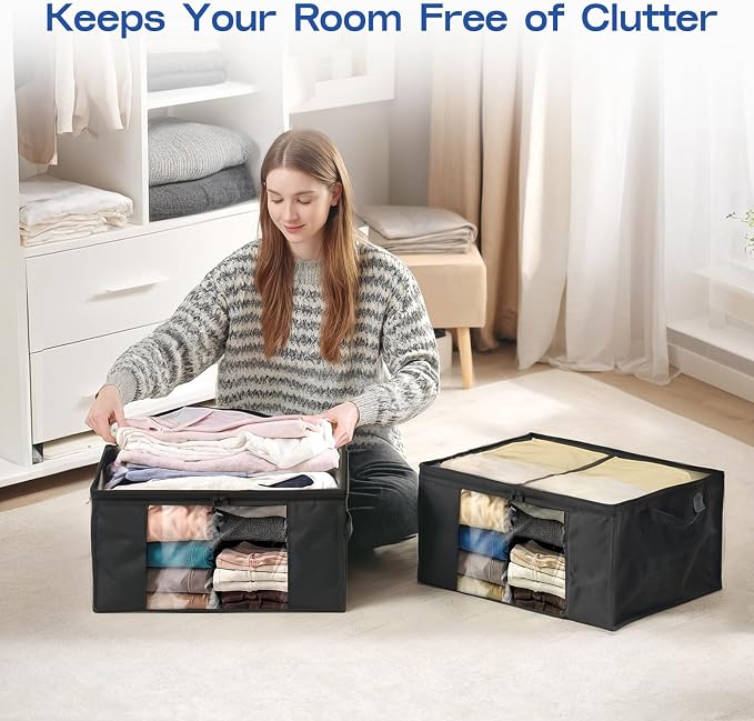 Clothes Storage Bags, Foldable Thick Fabric Blanket Storage Bags, Large Clear Window & Carry Handles, Great for Clothes, Blankets, Closets, Pillows (Black, 4PACK)