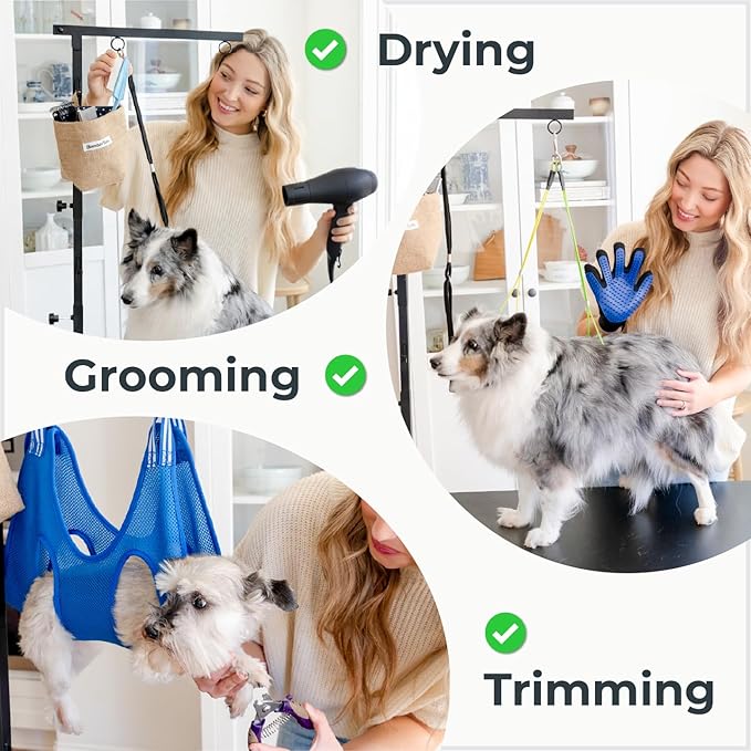 Dog Grooming Kit Adjustable Arm With Clamp: Height 26"-40", Small Dog Sling For Nail Trimming Hammock, no-sit Haunch Holder Leash Loops, Glove, Tool Hanging, Full Home Pet Grooming Supplies Kit, Cats