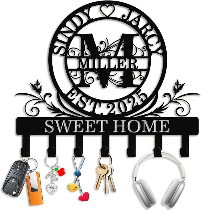 Personalized Monogram Key Holder for Wall, Custom Family Name Hooks | Monogram name design with rust-resistant metal, free hardware, ideal for new home, wedding, couples and housewarming