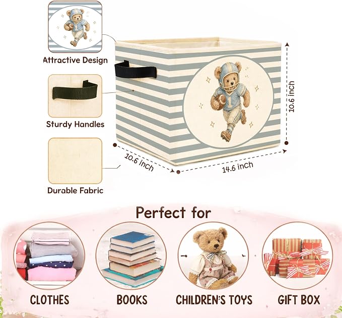 Football Teddy Bear Blue Gray Stripe Foldable Fabric Storage Bin | Football teddy bear stripe design; foldable fabric storage bin for kids room, nursery, playroom.