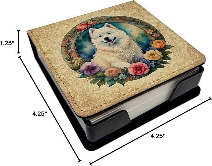 Caroline's Treasures Samoyed and Flowers PU Leather Note Paper Holder with Artist-Designed Cover, Desk Accessory, Office Gift