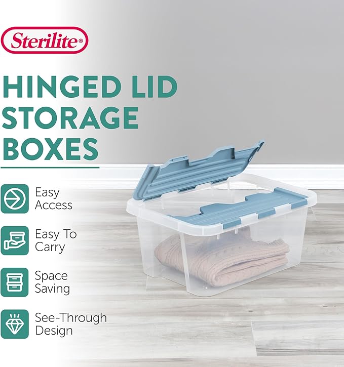 Sterilite Hinged Lid Storage Box Plastic Container, 20 Quart, 12-Pack | Washed Blue - Home Organizer Tote for Storing Shoes, Crafts, Clothing, or Decor