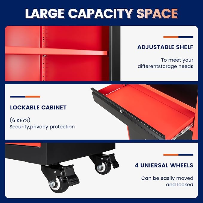 Metal Garage Storage Cabinet with Locking Doors and Adjustable Shelves,- 73" Rolling Tool Storage Cabinet with 4 Wheels and 1 Drawer for Garage,Warehouse (Red Black)