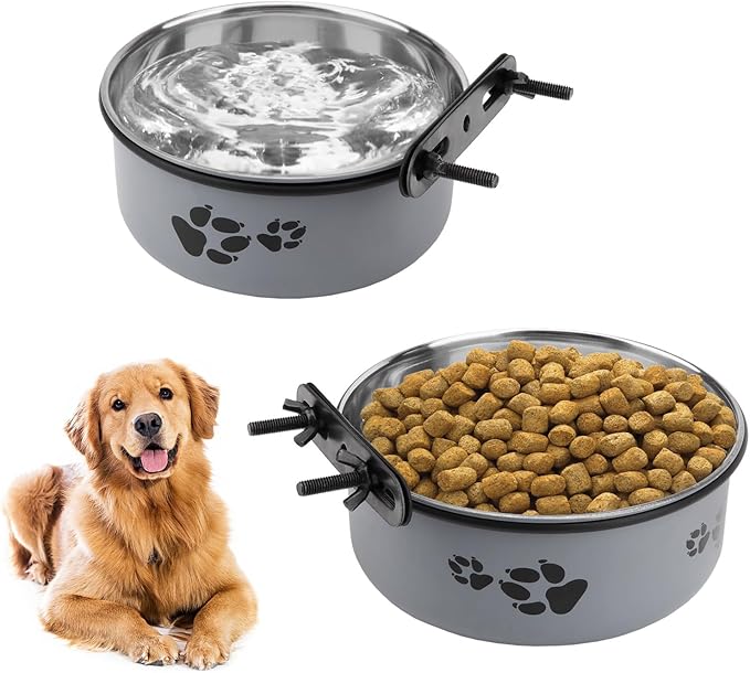 Stainless Steel Dog Crate Bowls Hanging No Spill 2 PCS - Adjustable Mountable Kennel Bowls for Medium/Large Dogs, Anti Spill Water & Food Bowl Set (Gray, M(5.5"+6.3"))