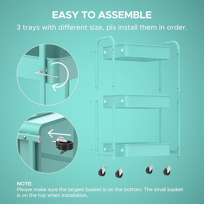 MAX Houser 3-Tier Rolling Utility Cart with Caster Wheels,Easy Assembly, for Kitchen, Bathroom (Turquoise) | Easy Assembly, multi-purpose storage trolley for kitchen, rolling cart with smooth caster wheels for bathroom