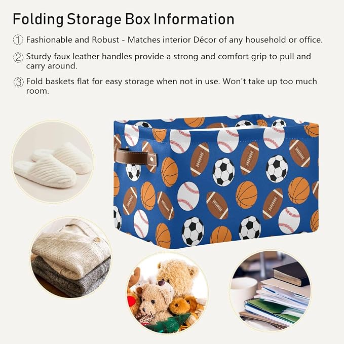 DOMIKING Rectangular Storage Bin Football Baseball Sports Print Storage Baskets with Handles Toy Bins Shelf Basket for Nursery Room Kids Pets Toy Closet