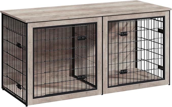 HOOBRO Dog Crate Furniture for 2 Dogs, 63" Large Double Dog Crate Furniture with Divider, Wooden Indoor Kennel TV Stand for Medium Large Dogs, Greige and Black BG55GW03