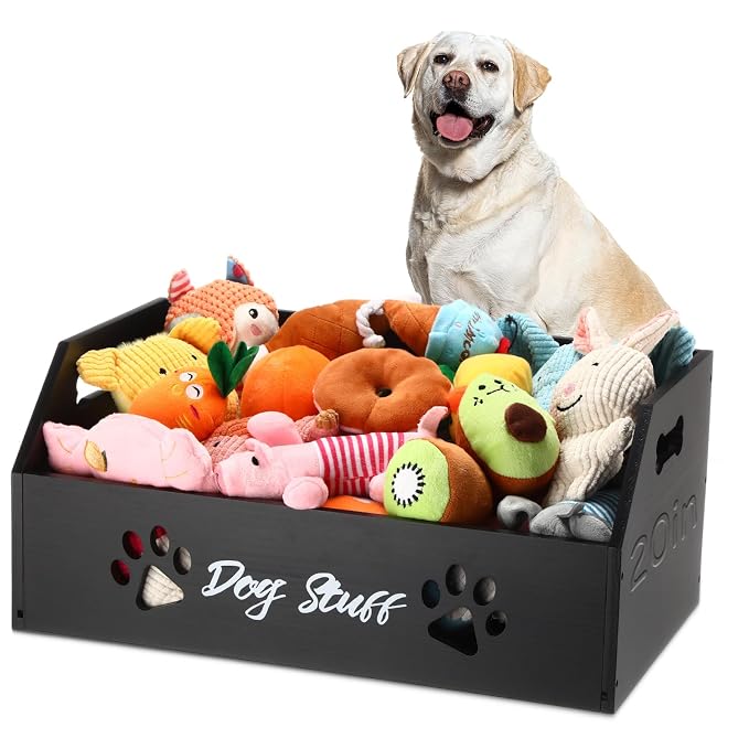 Leinuosen Large Dog Toy Bin Basket, 20 Inch Large Stuff Toy Storage Basket Bin with Bone Handle Cutout Pattern Pine Container for Organizing and Storage Dog Leash Chew Toys(Black, Undivided)