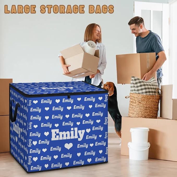 Personalized Extra Large Storage Basket with Lid, Comforters, Bedding Toys Navy Blue Love Heart Storage Bin with Handles for Home, Collapsible Basket for Clothes, Moving, Car Trunk