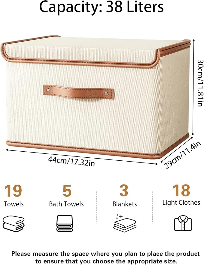 Tuza 4 Pack Storage Bins with Lids, Collapsible Closet Organizer Container, Fabric Organizer Box with Handles, Decorative Storage Boxes with Lids for Organizing Clothes, Books, File, White, Large