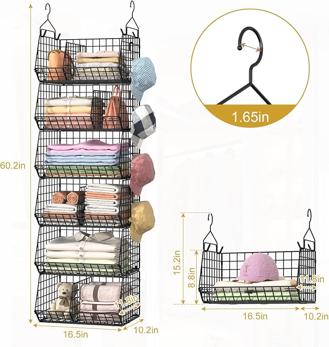 Jautokerdar 6 Tier Extra Large Hanging Storage Organizer,Hanging Closet Shelves with Dividers,Closet Organizer Wire Shelf with 5 S Hooks,Bedroom,Laundry Storag-Black