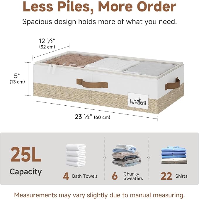 StorageWorks 5 Inch Low Profile Under Bed Storage Containers with Clear Lid | Reinforced Structure, Resists Sagging, Handles & Label Holder, Foldable Stackable Closet Storage for Clothes, Blankets, Toys