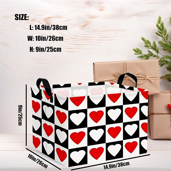 Cute Large Valentine's Day Gift Basket Empty Heart Decor Storage Bin for Kid Baby Room Décor (Checkered Red and White)