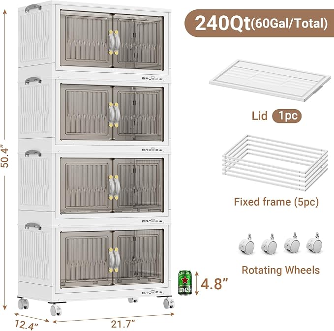 BROVIEW 240Qt Stackable Storage Bins with Lid for Home Dorm, 4Pack White | Closet Organizers, Foldable & Collapsible Cabinets, Large Containers, Wheels & Magnetic Doors, Plastic Drawers for School