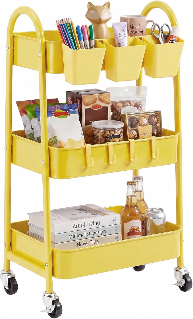 danpinera 3-Tier Rolling Cart, Utility Cart Mobile Metal Rolling Storage Cart with Lockable Wheels & Hanging Cups & Hooks for Kitchen, Bathroom, Office, Workshop, Yellow