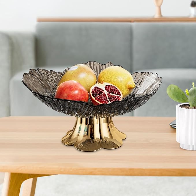 Pedestal Fruit Bowl, Snack Storage Holder, Fruit Tray, Dessert Display Stand, Decorative for Living Room Kitchen Home, E with Gold Base, Black