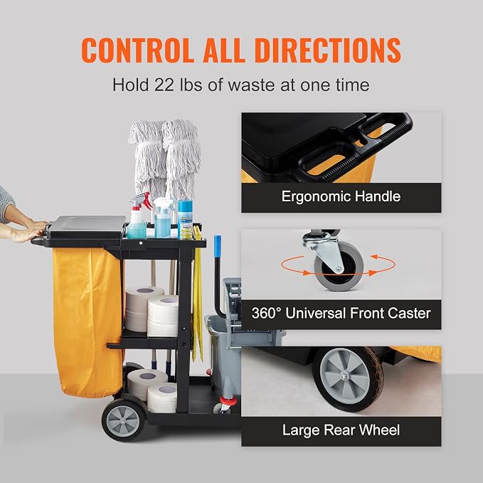 VEVOR Cleaning Cart, 3-Shelf Commercial Janitorial Cart, 200 lbs Capacity Plastic Housekeeping Cart, with 25 Gallon PVC Bag and Cover, 47 x 20 x 38.6in, Yellow&Black