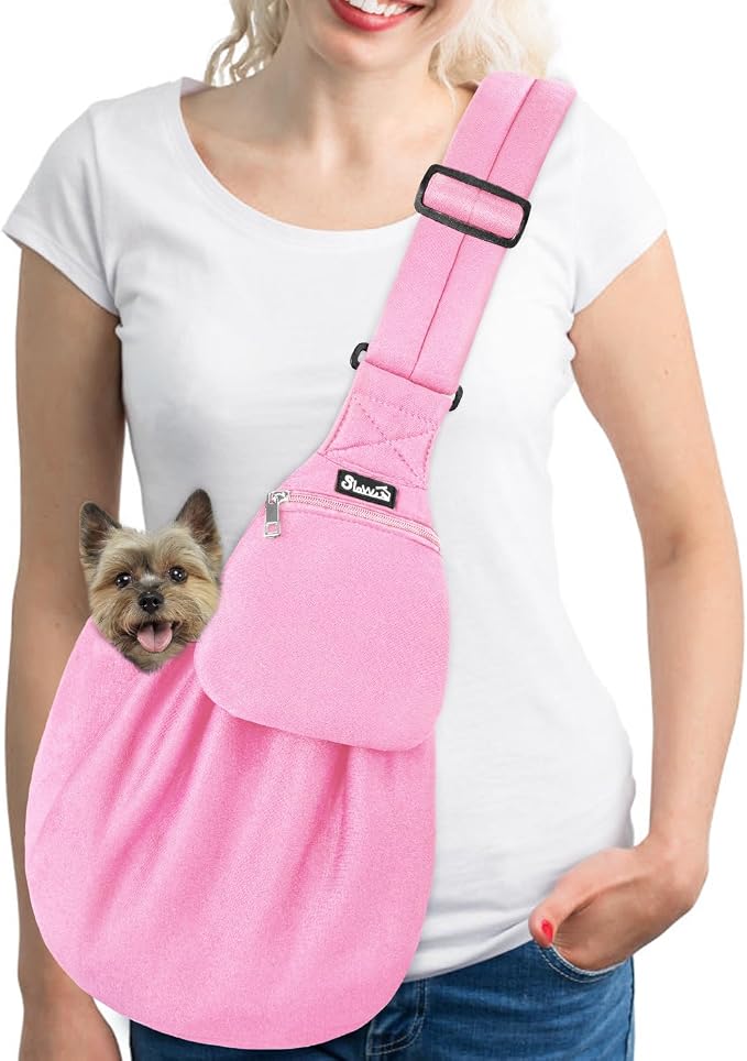 Lukovee Pet Sling, Puppy Small Pet Cat Carrier with Safety Hook | Hands-Free,Padded Strap, Breathable, Adjustable, Storage Pocket, Tote Bag Shoulder Bag with Front Pocket (Pink-WY,M)