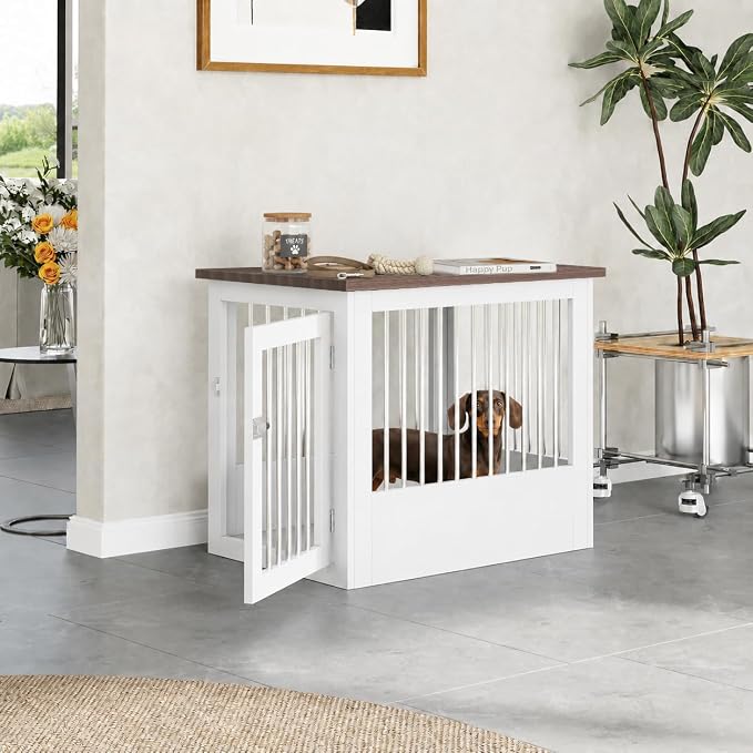 30" Wooden Dog Crate Furniture,Medium Kennel Pet Cage End Table for Indoor | for Small Medium Dogs, White and Wood, Fits Living Room Bedroom, Heavy Duty Steel Frame with Lock 45 lbs Cap, 100 lbs Top.