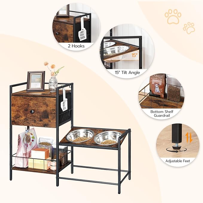 HOOBRO Elevated Dog Bowls Stand with Drawer, Height Adjustable Raised Feeding Station Cabinet with Storage Basket, 4-IN-1 Pet Storage Organizer for Large Medium Breeds, Rustic Brown and Black BF22PO03