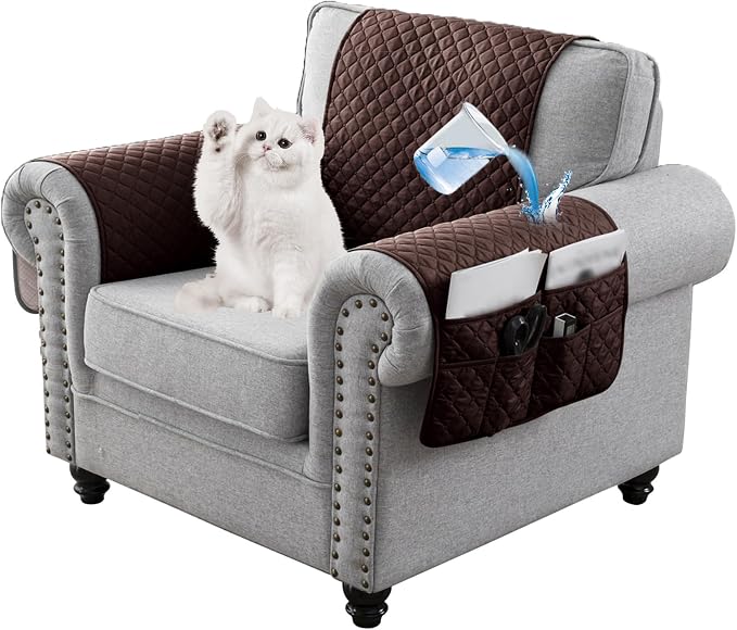 Water-Resistant Sofa Armrest and Headrest Covers with Side Pocket | Keep remotes close quilted polyester helps guard against wear, pet scratches, and kids' messes silicone backing adds grip