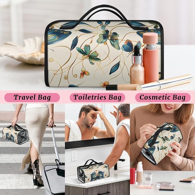 Butterfly Makeup Bag for Women Hanging Roll-Up Travel Organizer Toiletry Kit with 4 Removable Compartments, Vintage Floral