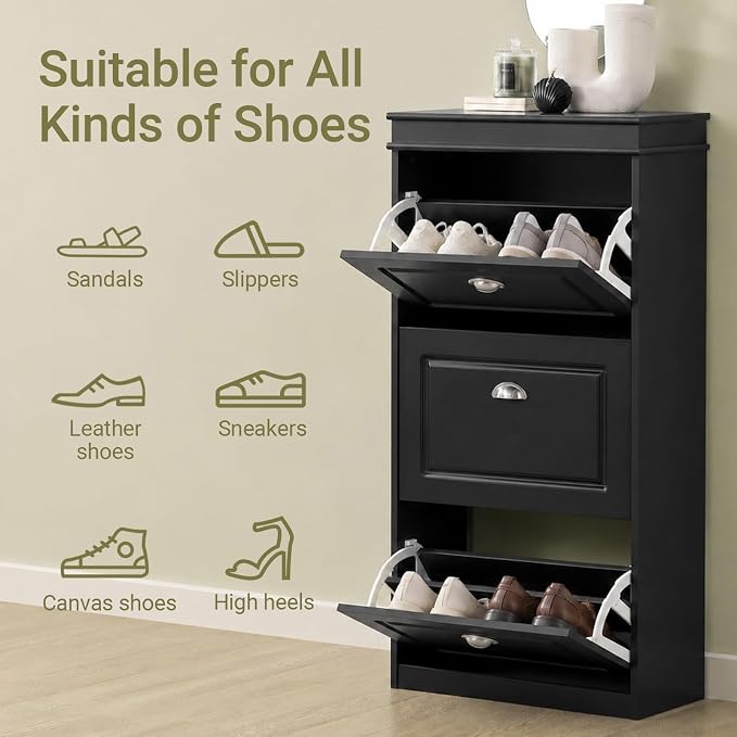 Haotian Shoe Cabinet with 3 Flip Drawers | Freestanding Shoe Rack for Entryway, Shoe Organizer with Hidden Drawer, Black, FSR94-SCH