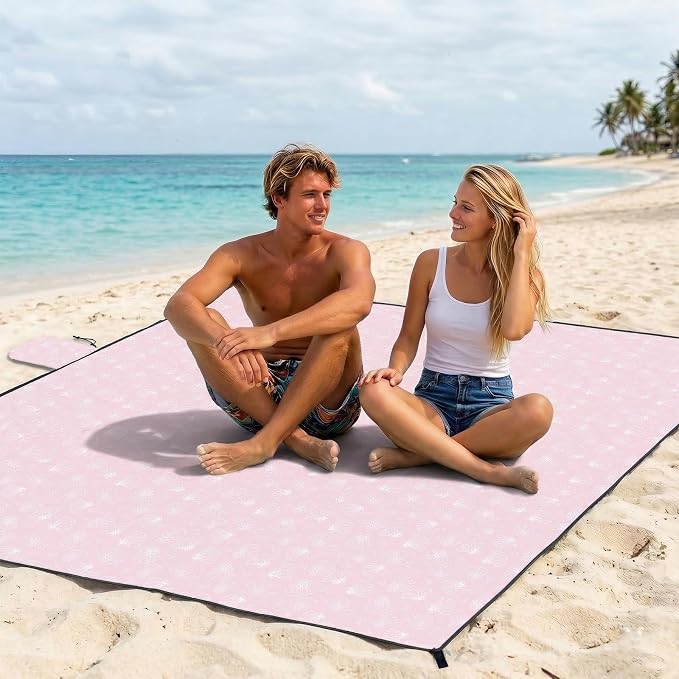 OIGAE Beach Blanket Waterproof Sandproof Oversized Beach Mat | Picnic Mat with Stakes, Storage Bag - Essentials for Outdoor Beach, Picnic,Quick-Dry Lightweight,Windproof Pockets