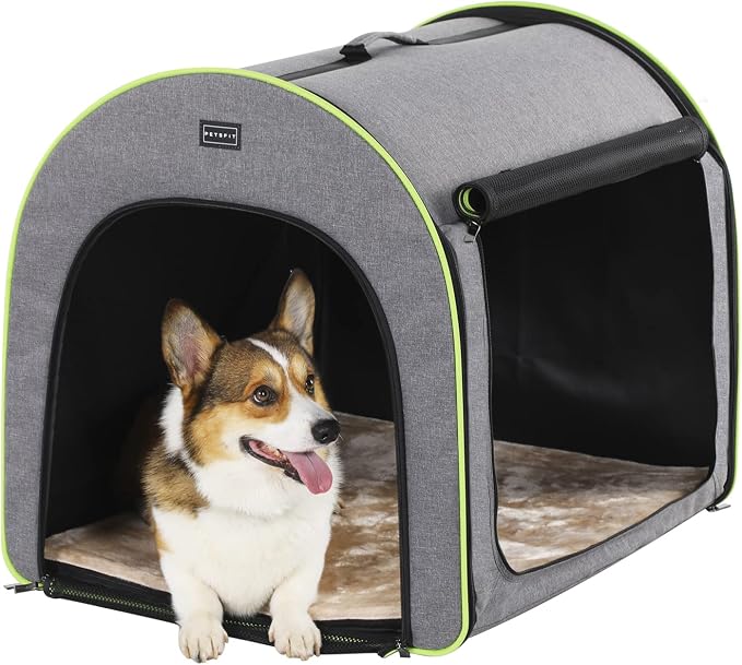 PETSFIT Collapsible Dog Crate, Travel Dog Crate - 30 Inch Lightweight, Roomy, Easy to Set Up, Sturdy Soft Dog Kennel with Thick Mat, Snowflake Grey