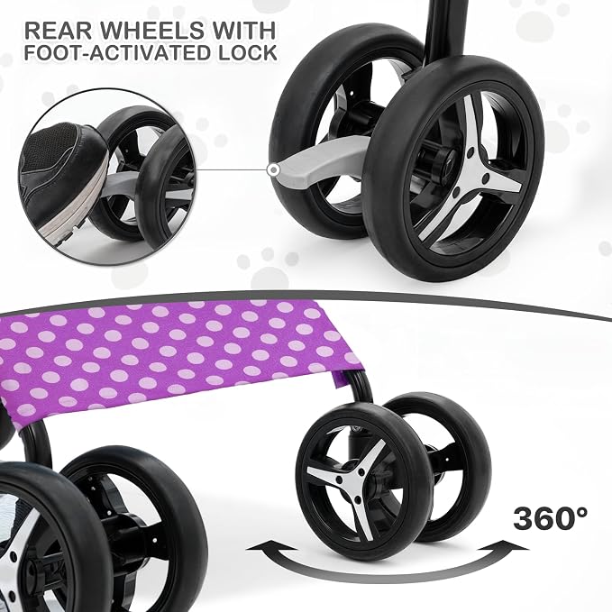 MoNiBloom Pet Stroller for Small/Medium Dogs and Cats, Purple Polka Dots | Foladble 4 Wheels Easy-Fold Puppy Cage Jogger Stroller with Sun Cover, Pad and Rear Storage Bag, Breathable and Visible Mesh