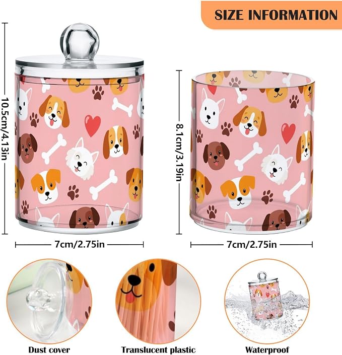 2 Pack Plastic Cotton Swab Ball Pad Holder Pets Dogs Pink Pattern Jars Bathroom Storage Organizer Holder Canisters with Lid for Hair Accessories Cotton Ball Pads Hair Clips