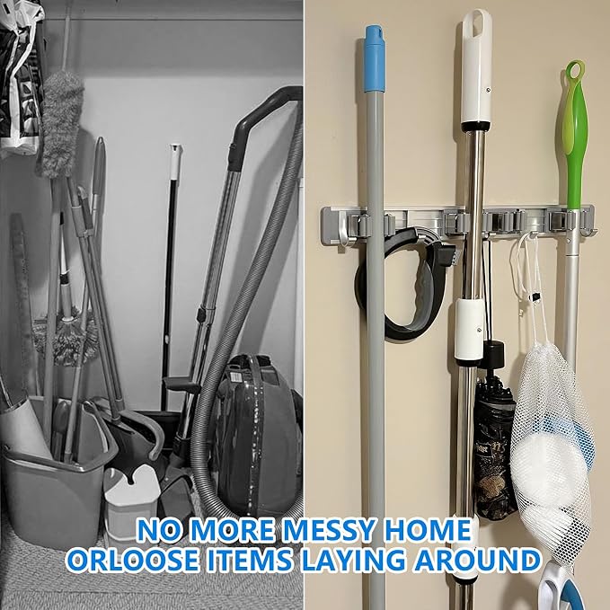 reliahom Broom Holder Wall Mount Mop Hanger Tools organizer 4Racks 5Hooks | Adjustable Stick or Screw Mop Broom Wall Hanging Tool Storage Rack Space-saving for Garage,Kitchen,Laundry Room,Garden,Silver