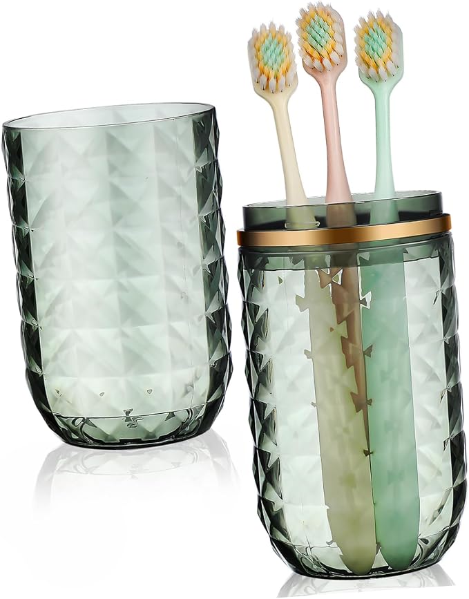 Travel Toothbrush Cup Holder with Lid Reusable PET Green | Covered Brush Case, Portable Organizer for Toiletries, Easy Cleaning, Multipurpose Use, Stylish Design